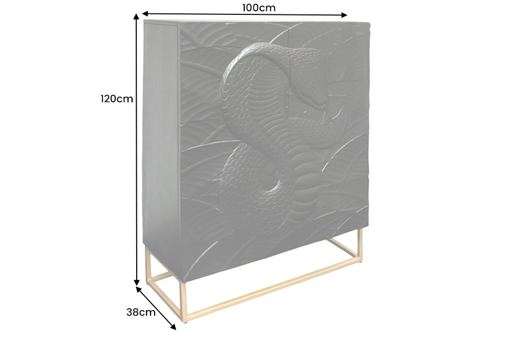 Massives Highboard SNAKE 120cm schwarz gold Mangoholz Schlangen-Design mit aufwendigen 3D Schnitzereien