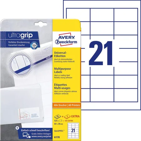 Avery Zweckform 6170 Universal-Etiketten,A4 mit ultragrip,Adressaufkleber 64 x 36 mm, 30 Bogen/630 Etiketten, weiß