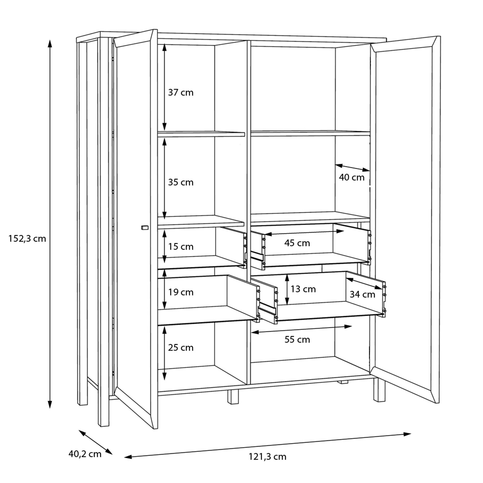 Highboardvitrine - Riveria Eiche - schwarz - mit 2 Glastüren