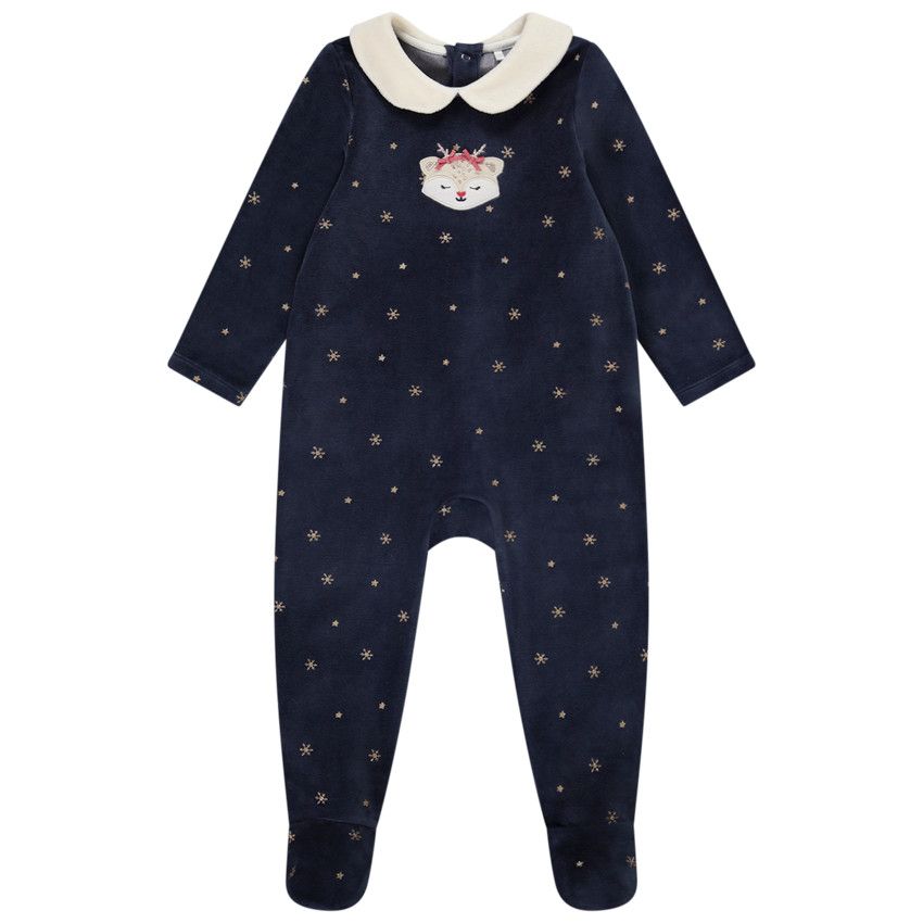 Dors-bien en velours imprimé flocons pour bébé fille avec ouvertures différentes selon l'âge - Bleu marine