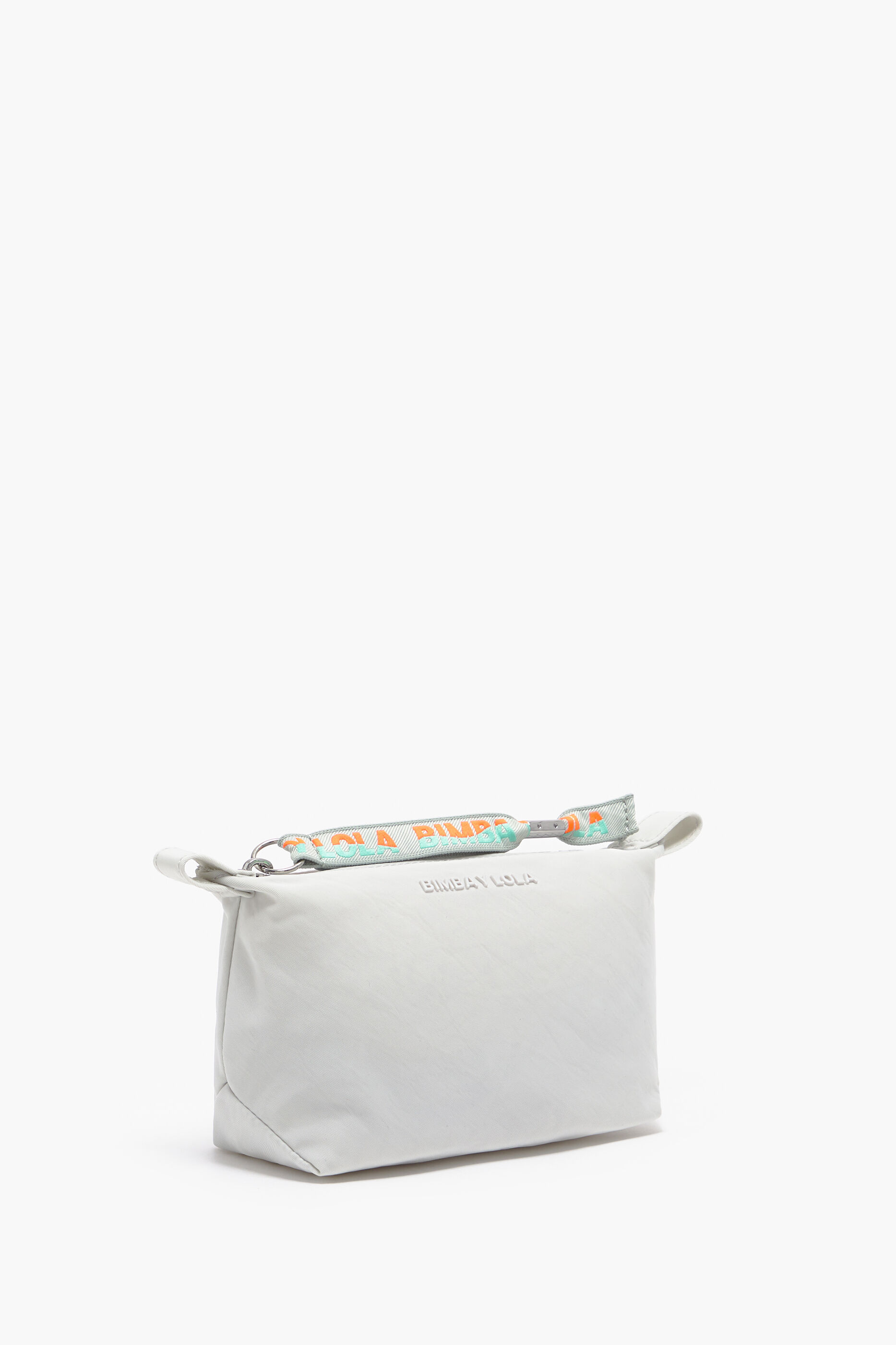 Nécessaire trapezoidal tamanho P, em nylon cinza gelo.