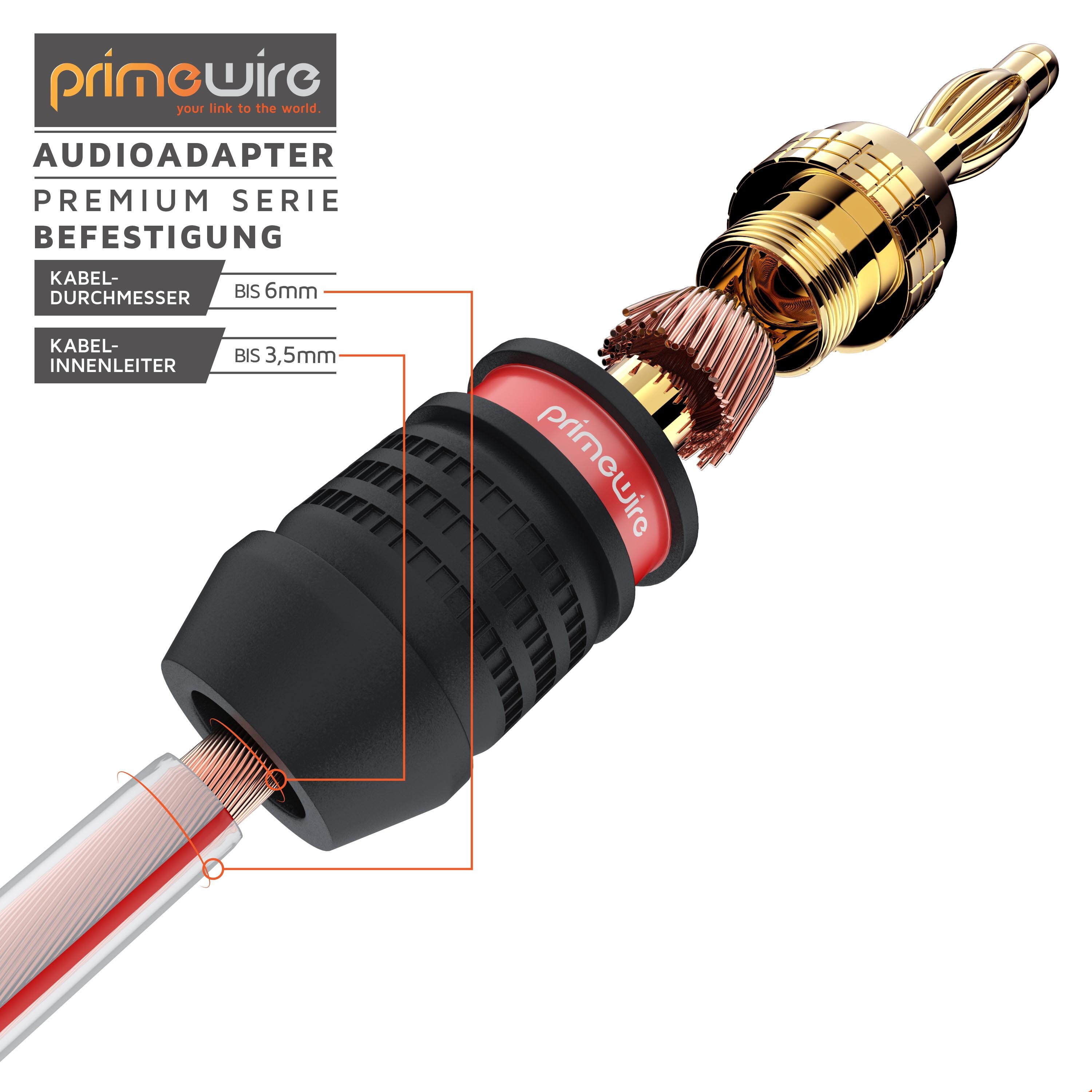 Primewire Audioadapter Bananenstecker für Kabel bis 3,5mm² für Verstärker, HIFI-Receiver uvm.