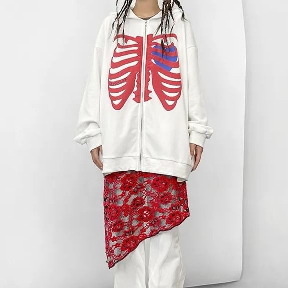 Sensarra - Rib Cage Print Hoodie met Ritssluiting