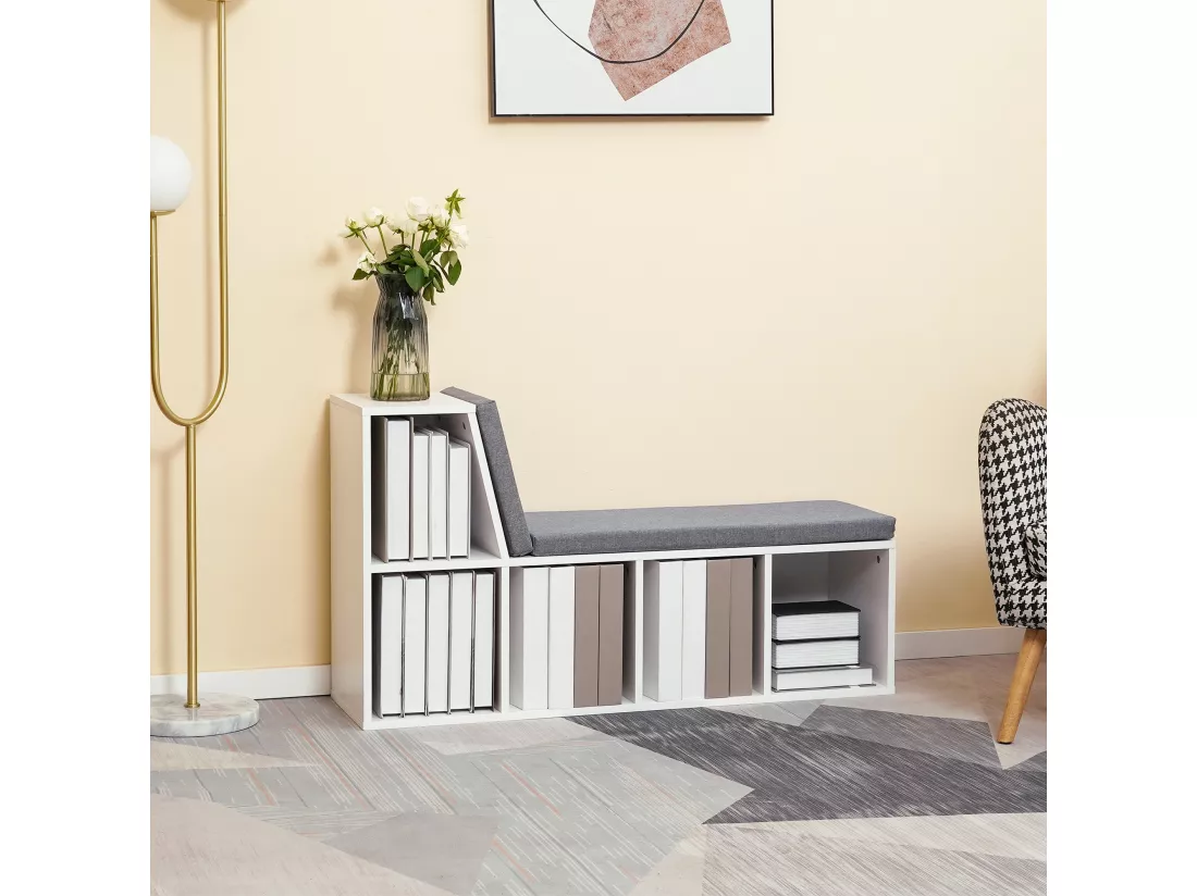 Bibliothèque banc 2 en 1 design contemporain 5 casiers 2 coussins fournis 108L x 30l x 60H cm blanc gris chiné