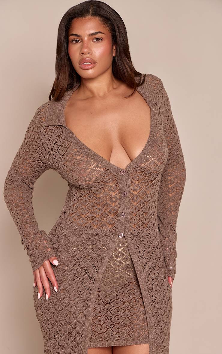 Taupe Cardigan Long En Crochet Tricoté Shape