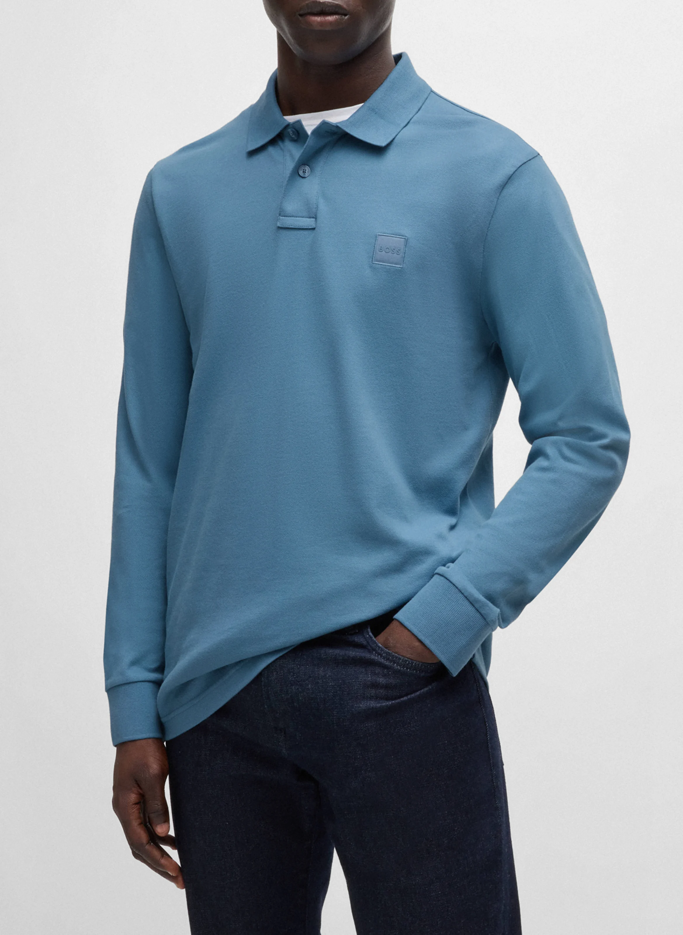 Polo à manches longues regular-fit en coton mélangé | Bleu