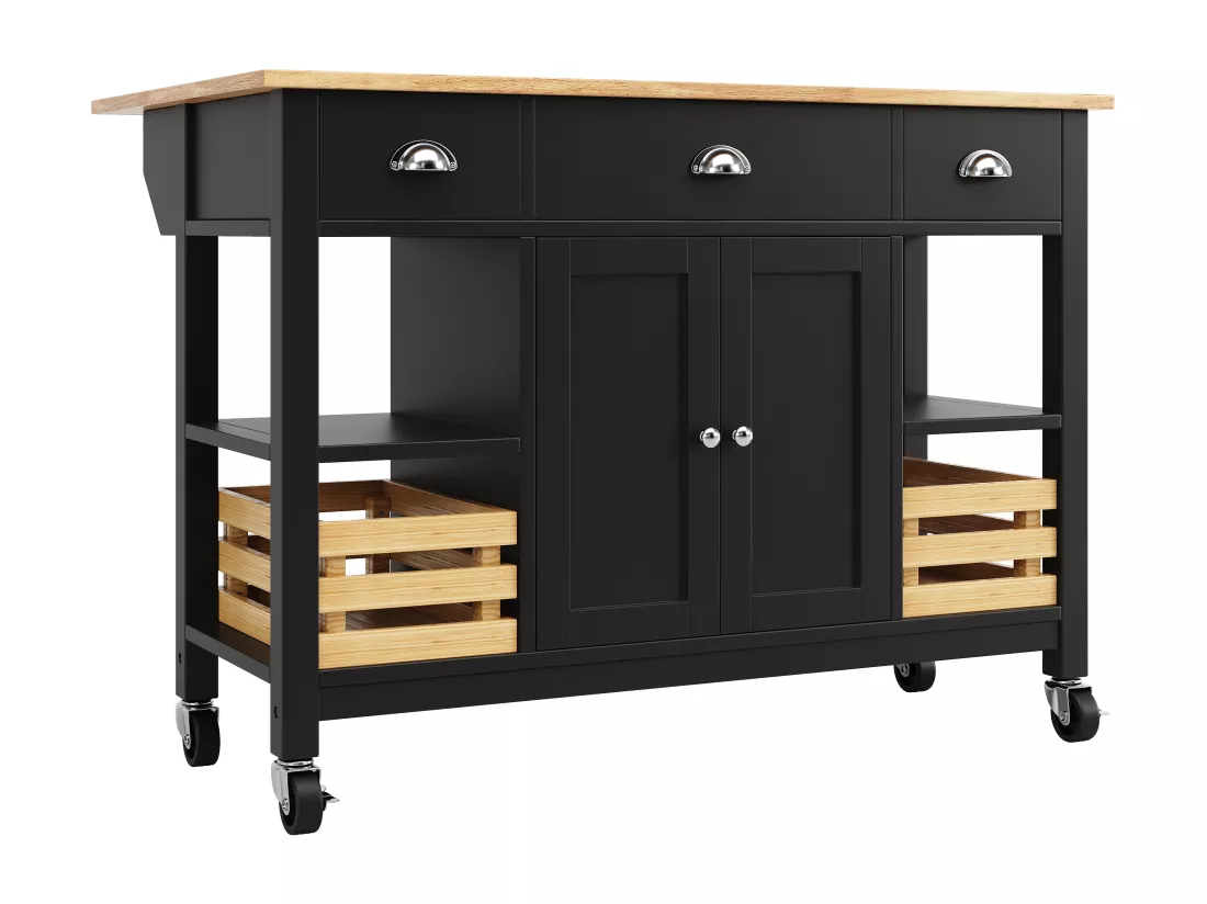Ilot central de cuisine mobile avec 3 tiroirs, 2 portes et panier de rangement - plateau extensible - 120x45/73x90 cm - Bois MDF - Noir