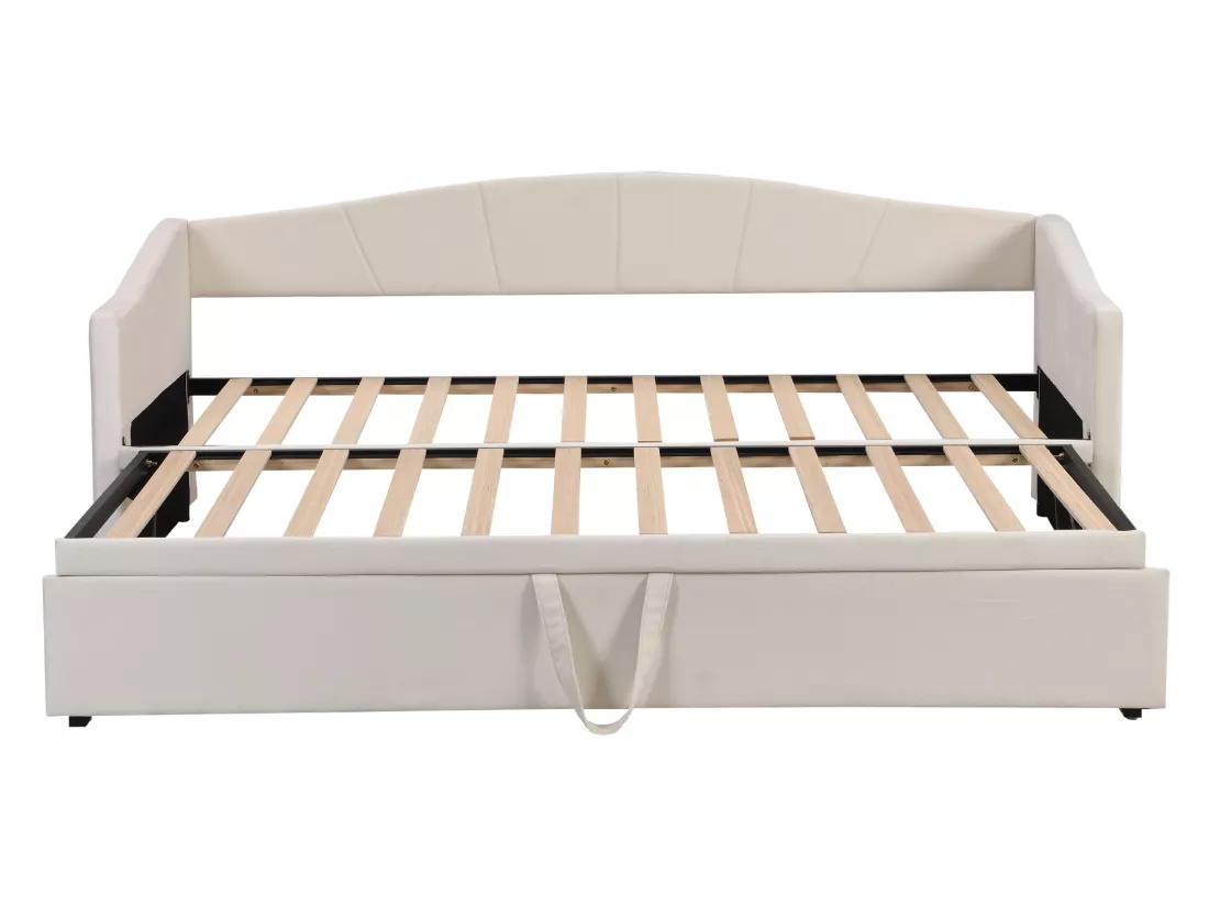 Lit gigogne - 2 x 90 x 200 cm - velours - sommier à lattes - coloris beige