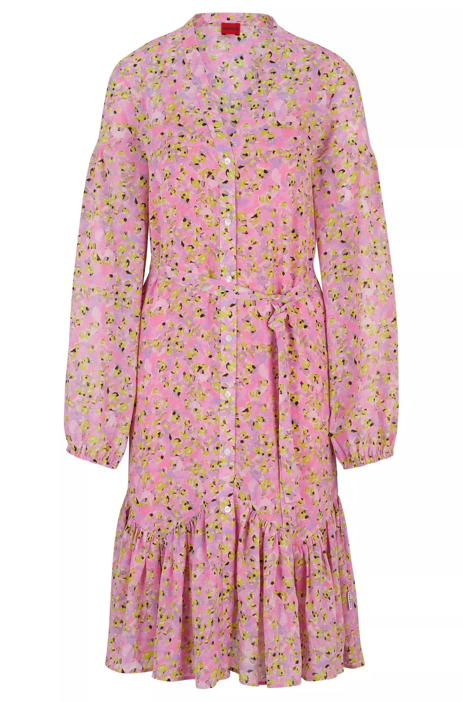 Vestido HUGO vermelho com estampa floral e mangas volumosas.