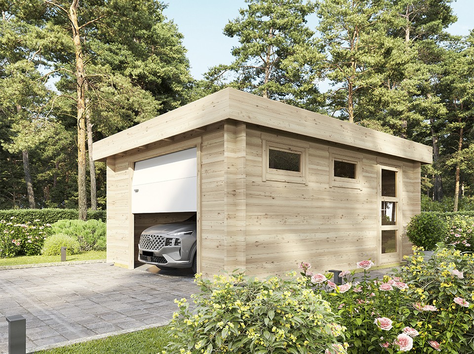 Garage en bois westmount 19,2 m² - 1 voiture - porte sectionnelle - bandeau de toiture - serrure à cylindre - abris de jardin