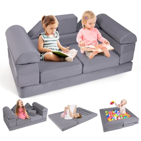 Modulær barnesofa 9-delt lekesofa laget av skumbyggeklosser med behagelig semsket skinnstoff grått