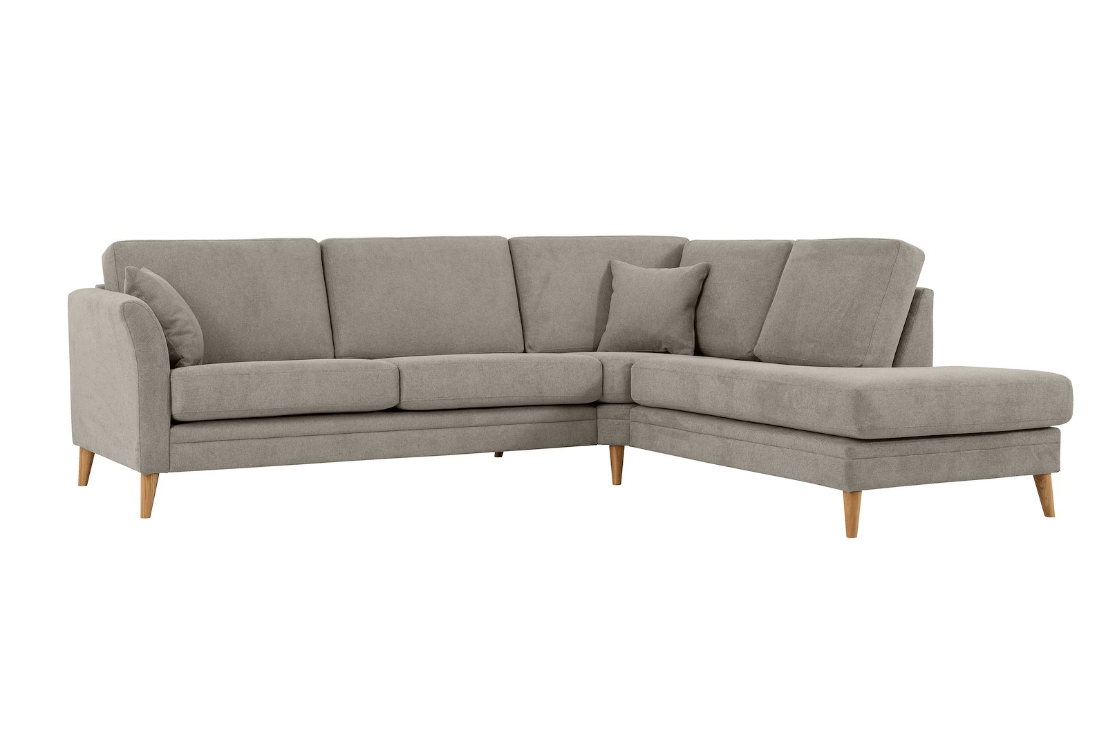 Eden hjørnesofa 2,5-seter med åpen ende høyre. Tekstil Brooklyn 14 Latte med ben i eik natur (15137).