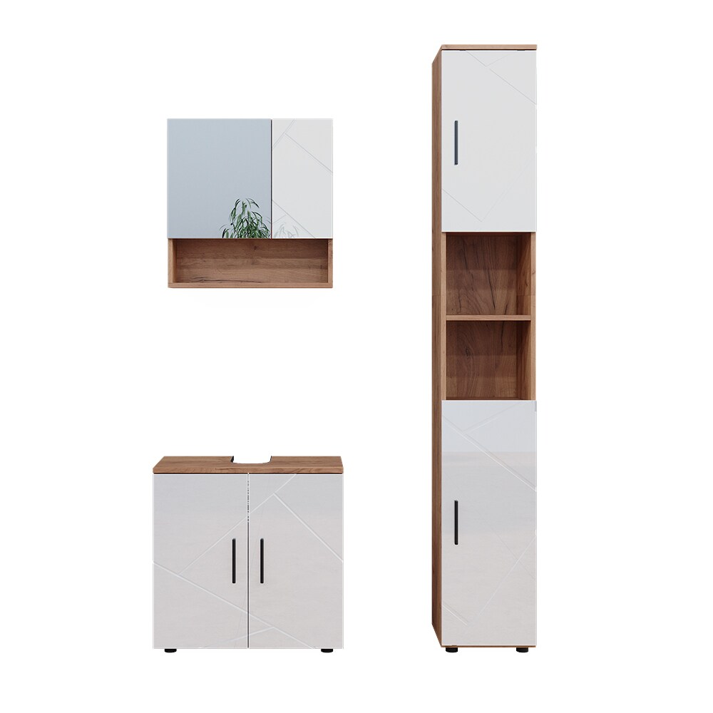 Vicco Badmöbelset Irma Eiche Weiß Hochglanz modern Badezimmerschrank Badschrank Badezimmermöbel Waschtischunterschrank Spiegelschrank Hochschrank Schranktür Schrankfach