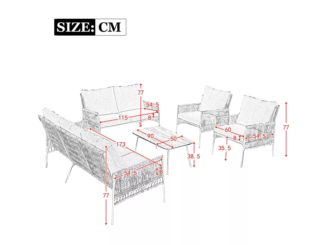 Salon de jardin 7 places, avec Matelas 8cm et oreiller, table basse avec verre durci grain de bois, Beige