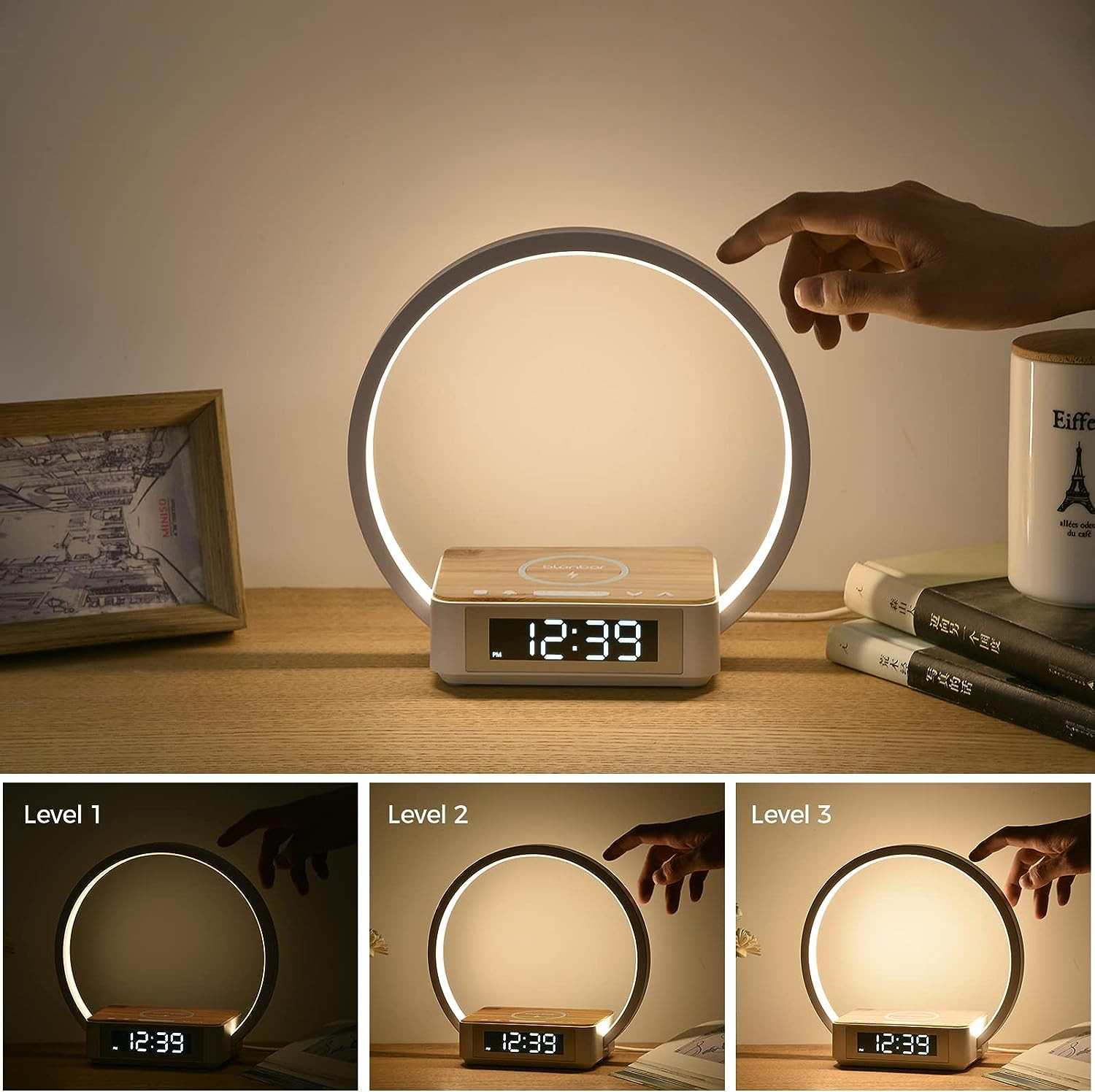 (10W) 3in1 Qi Wireless Charger Induktionsladegerät Ladestation mit LED Ringlicht   Wecker - Weiss