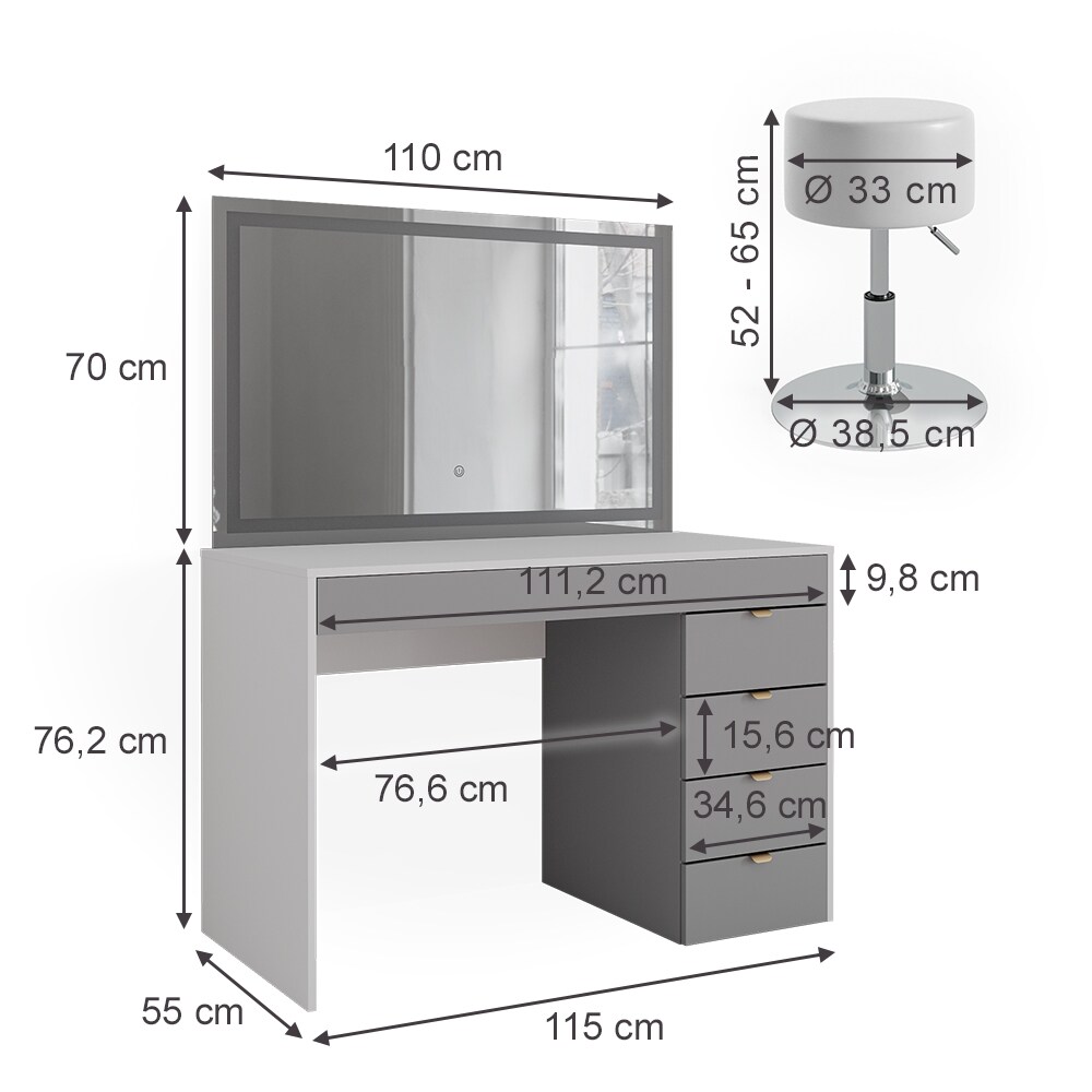 Vicco Schminktisch Elise Weiß Grau 115 x 76 cm modern Frisiertisch Schubladen LED-Spiegel Hocker