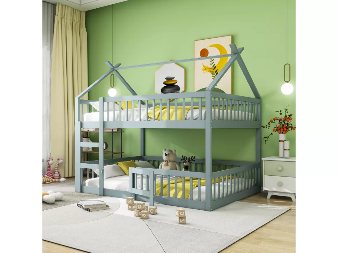 Lits superposés 2 x 140 x 200 cm avec porte et barrières - Bois MDF - Sommier à lattes - Gris