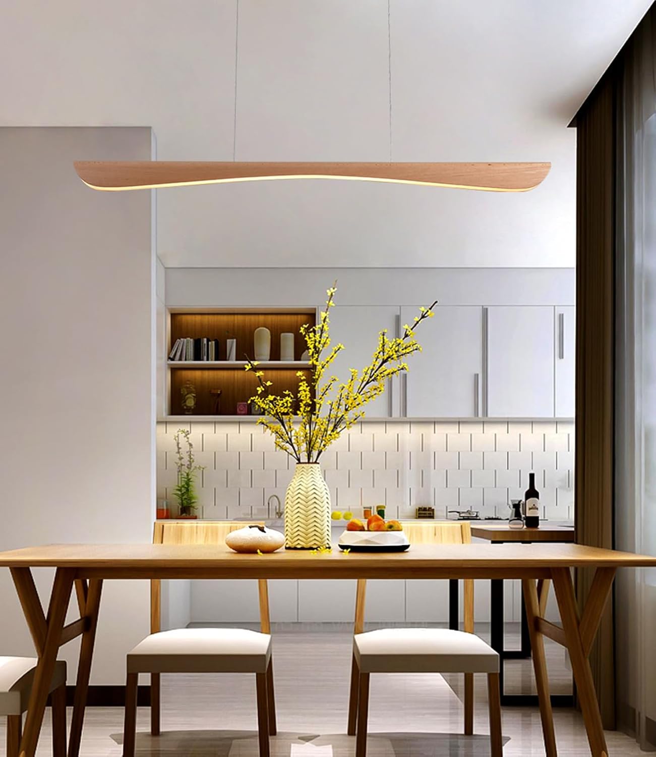 LED Pendelleuchte esstisch holz Dimmbar, Moderne Hängelampe mit Fernbedienung,Linear Design Hängeleuchte Esstisch lampe, Höhenverstellbar Holzlampe für Esszimmer Büro Küchenlampe (100cm)