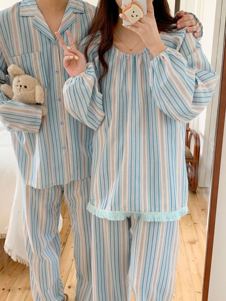 Tanee - Pyjamaset: gestreepte blouse met pofmouwen + broek