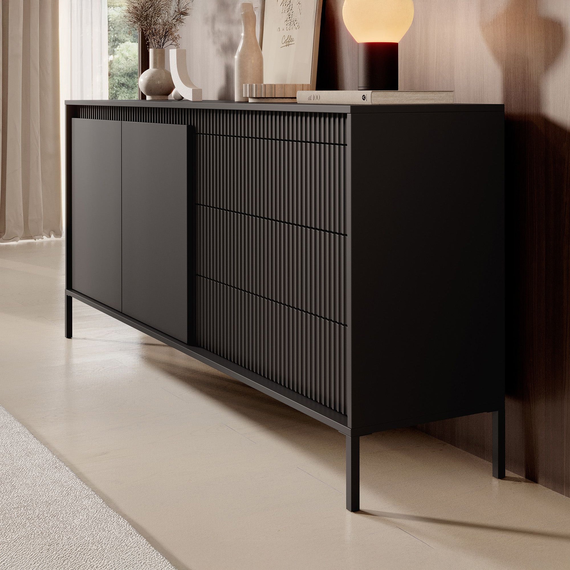 Meubella - Dressoir Saran - Mat zwart - 187 cm