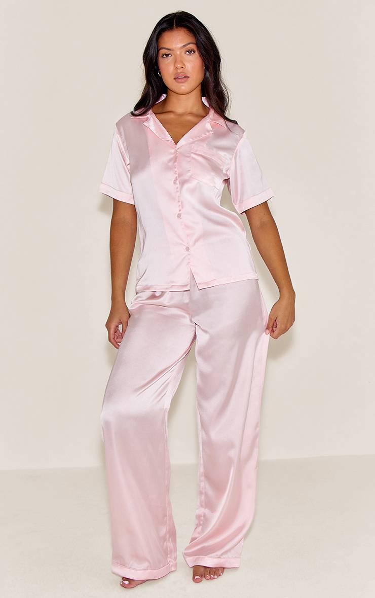 Rose Ensemble De Pyjama Long En Satin À Manches Courtes
