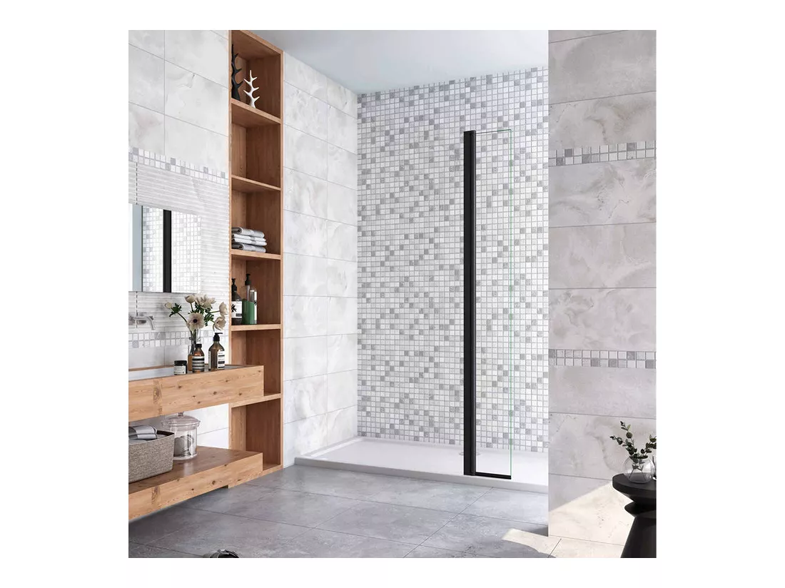 Volet pivotant seul 30x200cm pour paroi de douche à l'italienne noire en verre 8mm, retour pivotant à 180°, verre anticalcaire