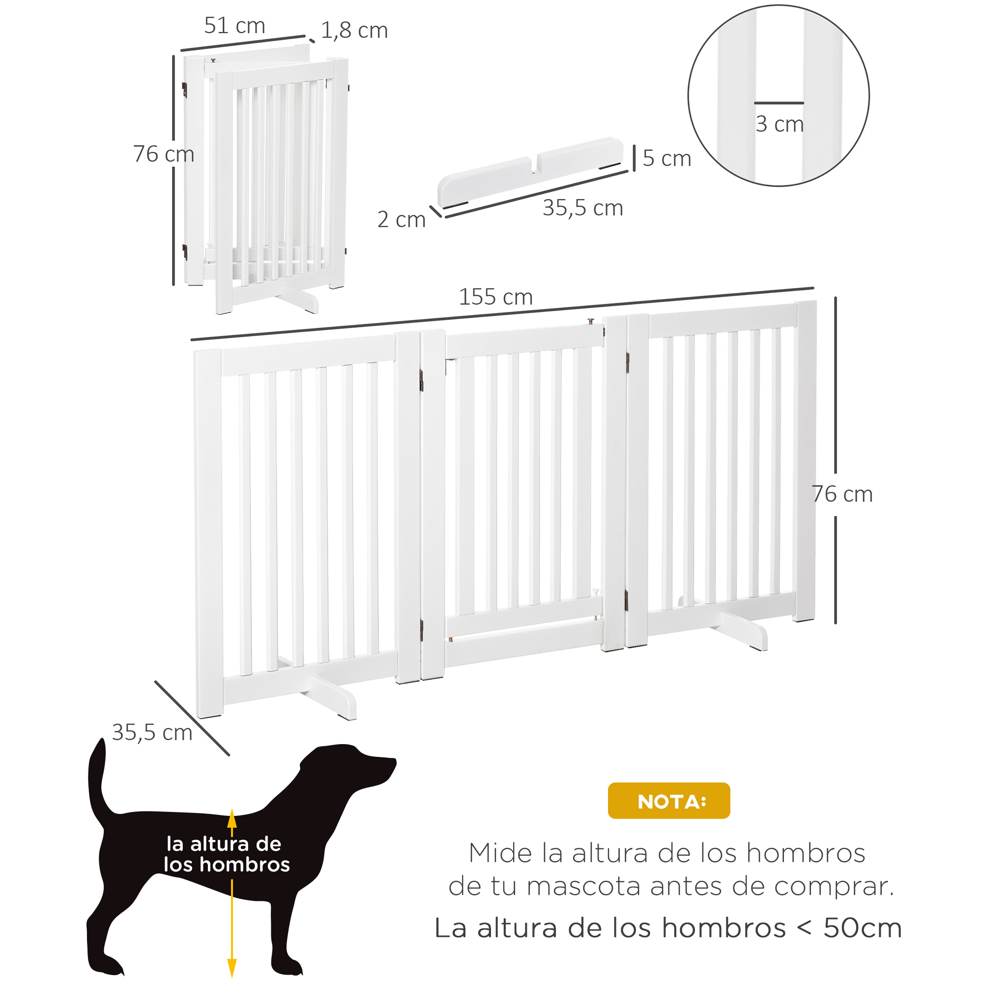 Portão de madeira para cães PawHut, cerca dobrável para animais de estimação com 3 painéis, 1 porta e pés de apoio para corredor ou escadas, 155 x 35,5 x 76 cm, branco