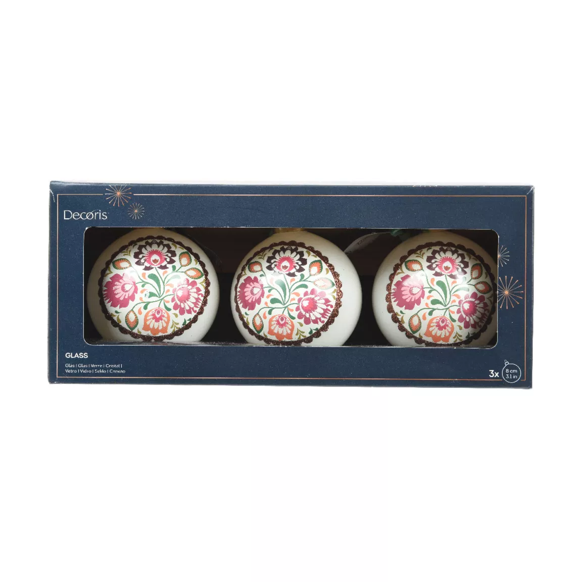 Lot de 3 boules de Noël en verre (D80 mm) Bolchoï Fleuri Blanc et rose