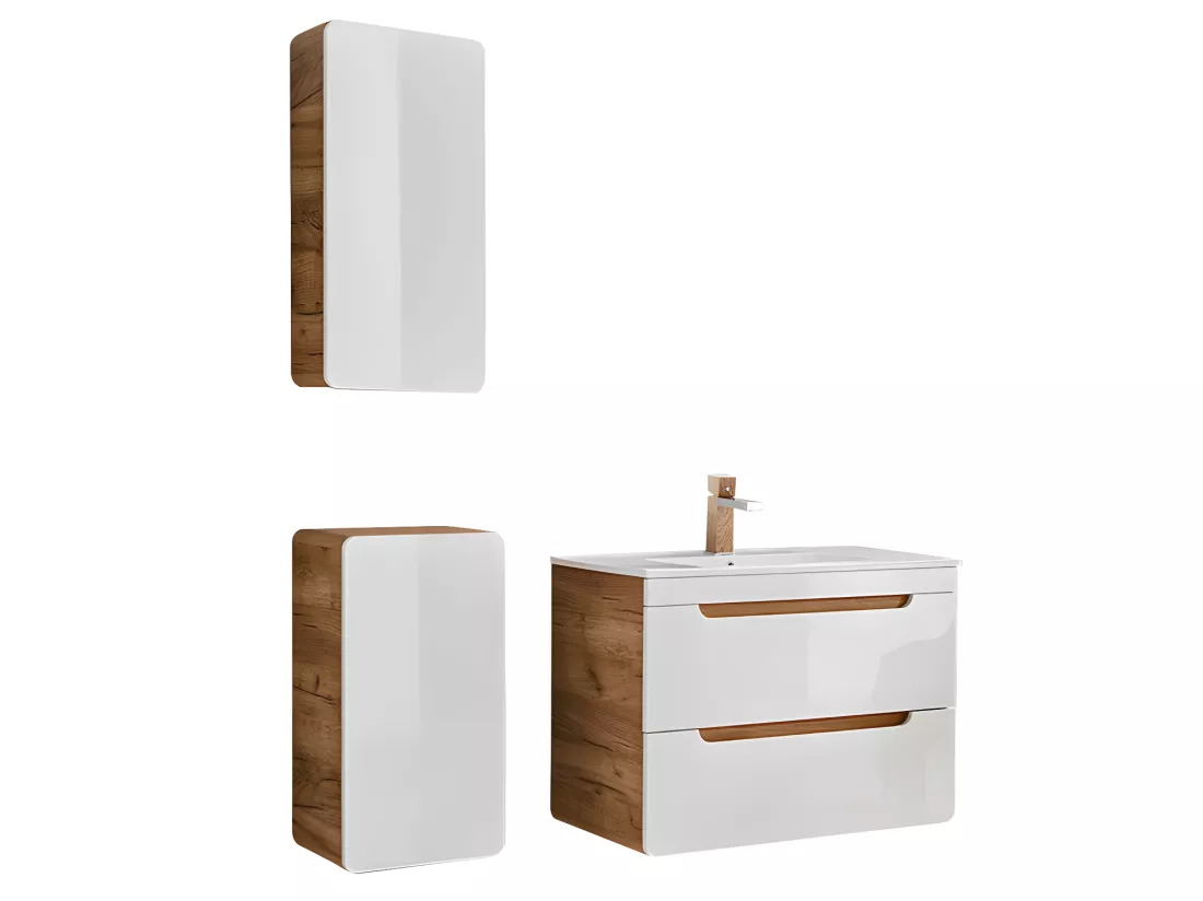 Meuble de salle de bain suspendu avec vasque à encastrer et deux colonnes - 80 cm - Coloris naturel et blanc - ARUBA