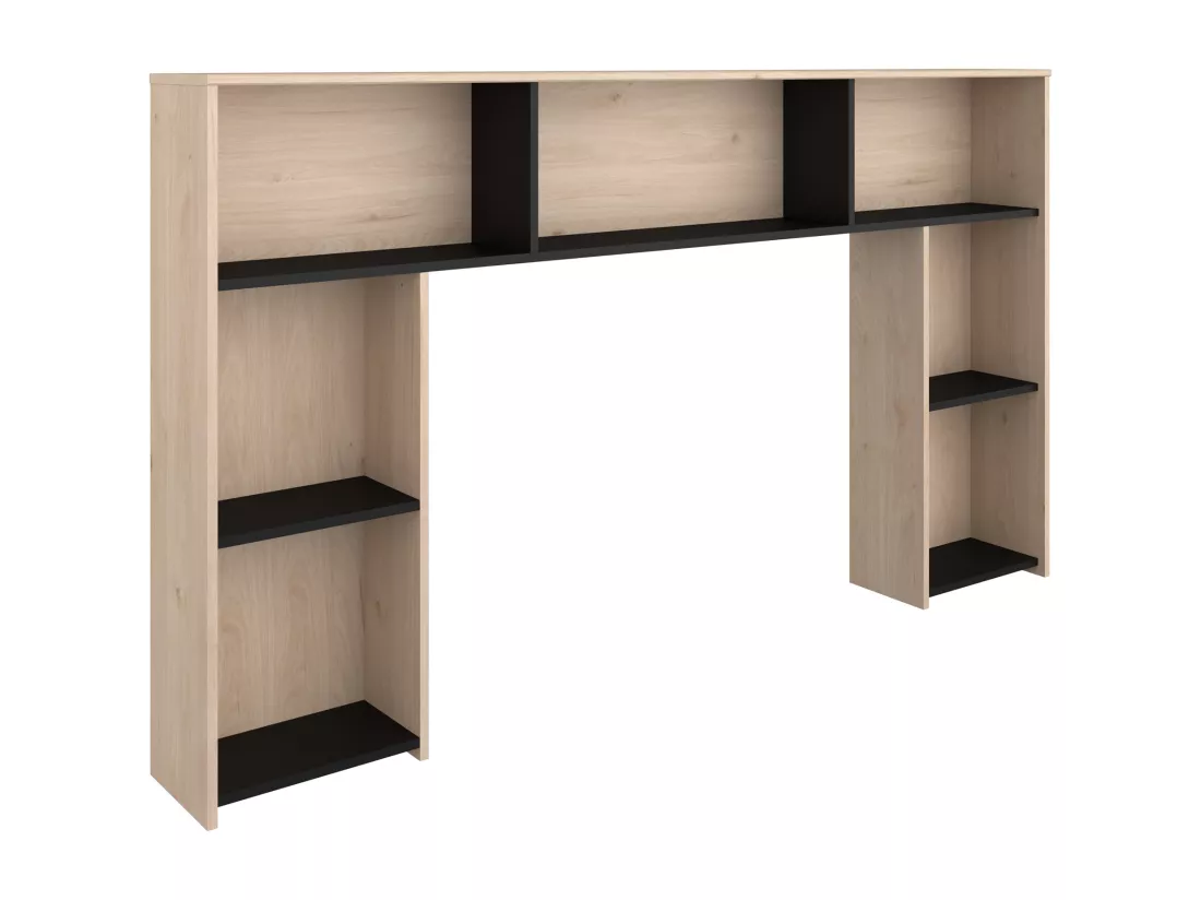 Lit 140 x 190/200 cm avec tête de lit et rangements - Coloris : Naturel et noir - KINSELIA
