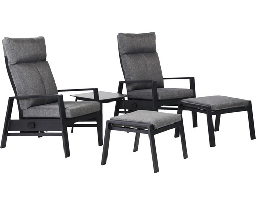 Garden Place Alissa 5-delige tuinloungeset, 2-zits, bestaande uit: 2 fauteuils, 2 krukken, tafel inclusief kussens, aluminium, zwart