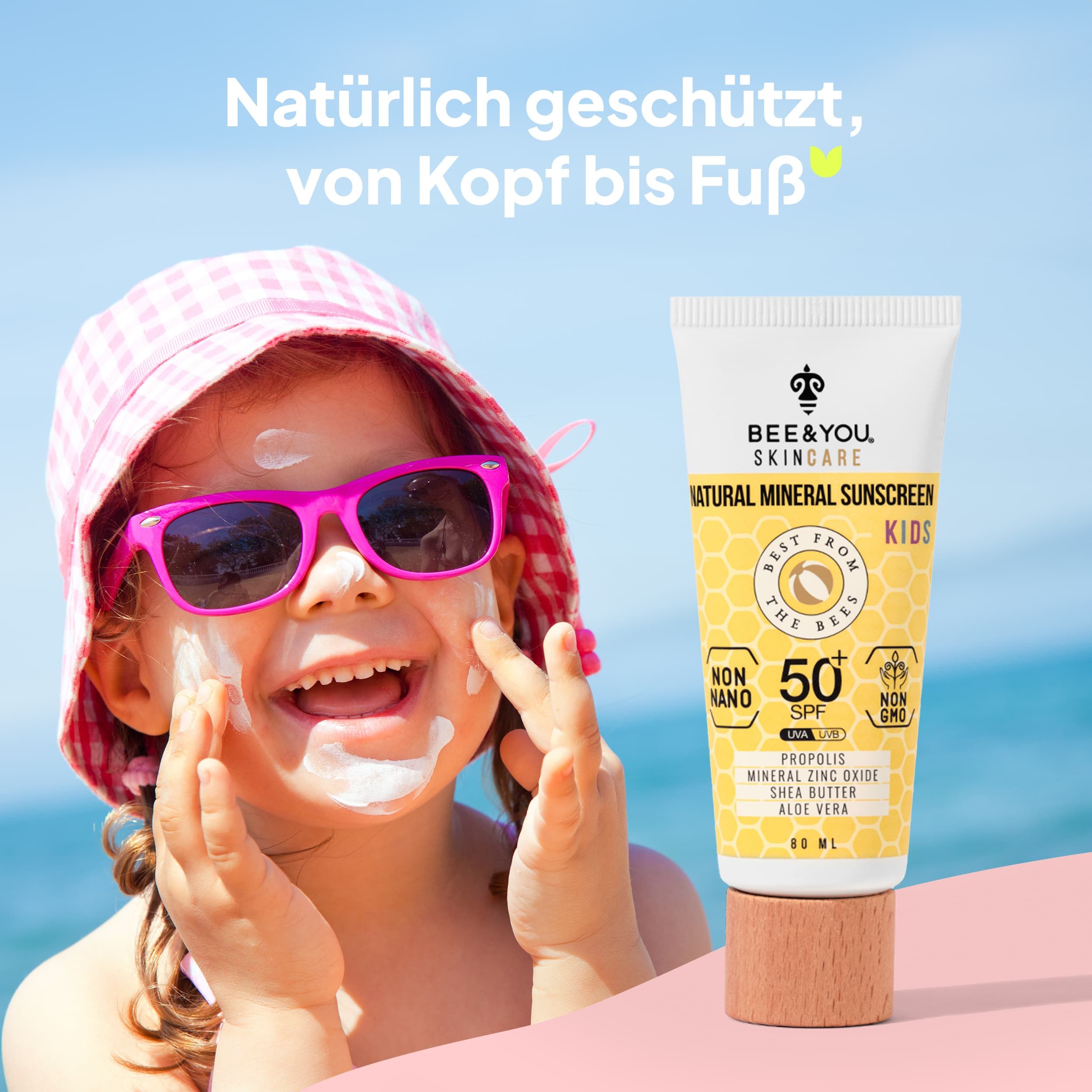 BEE&YOU Mineralischer Sonnenschutz , Sonnencreme für Kinder mit Propolis , wasserfest