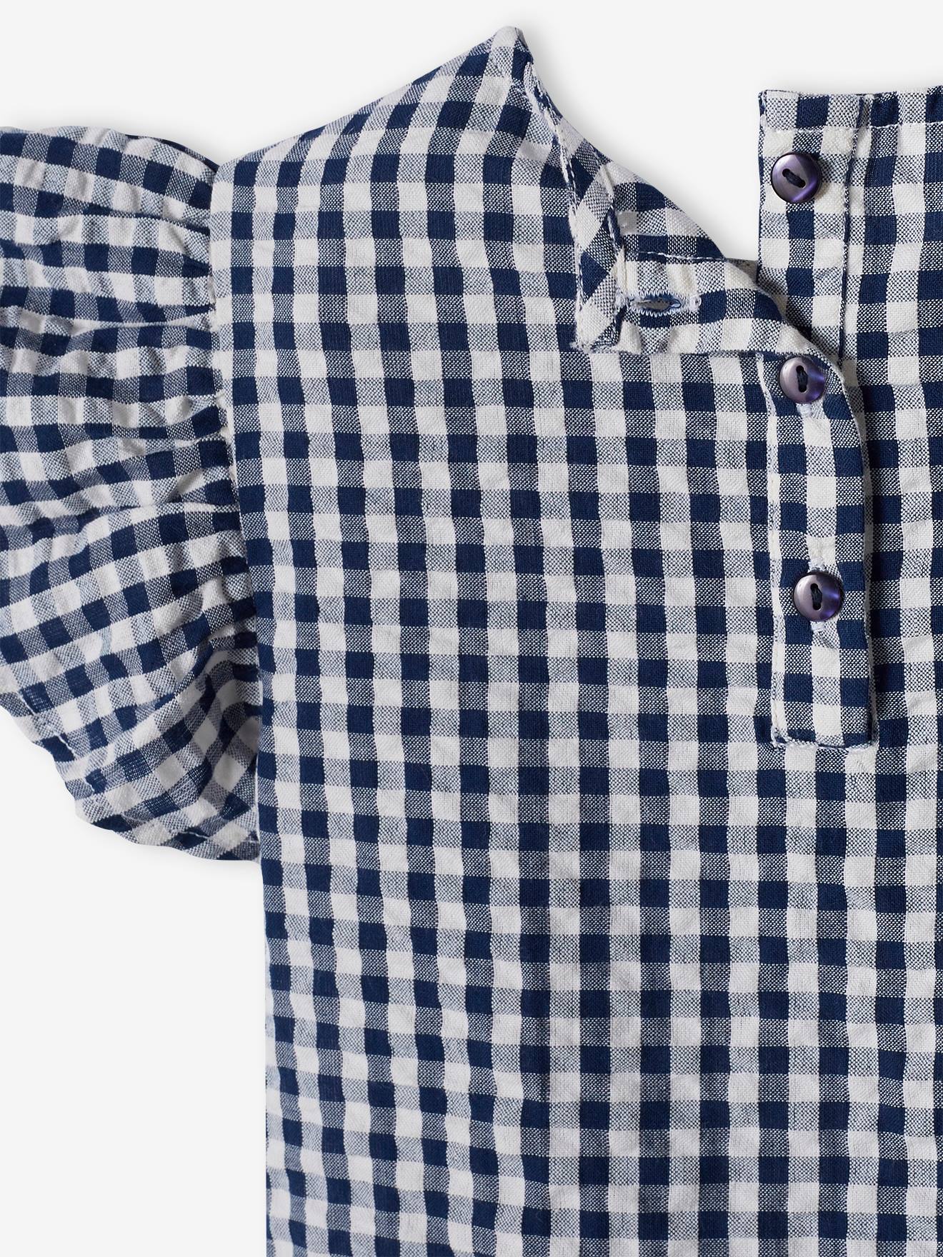 Blusa xadrez vichy com babados para meninas, azul marinho.