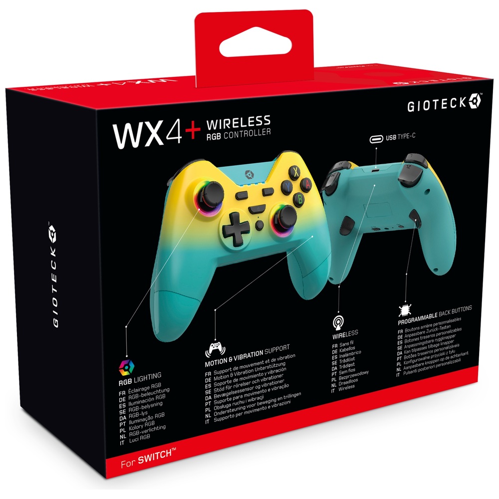 Gioteck WX4+ Kabelloser RGB-Controller für Switch und PC – Gelb/Türkis