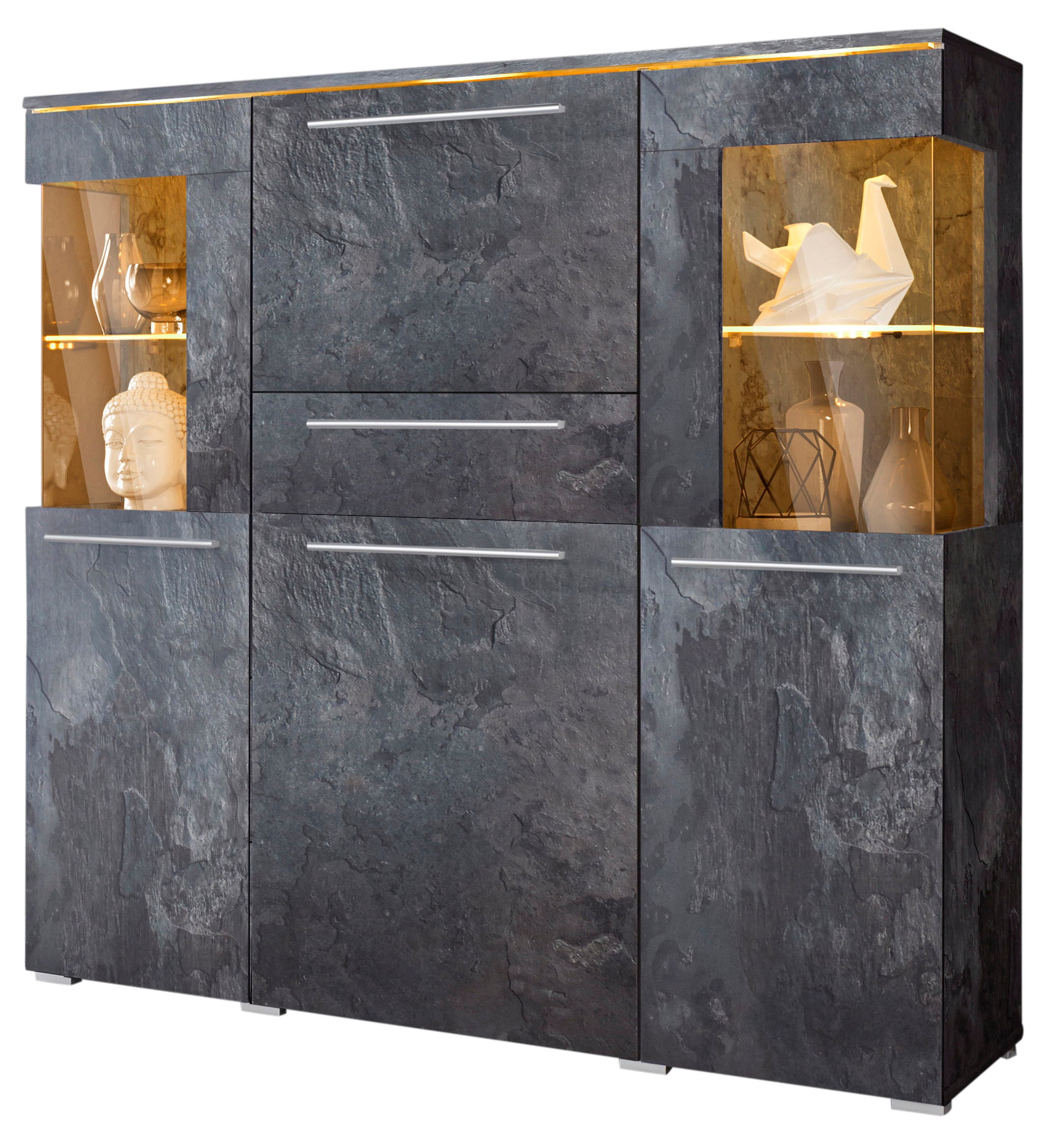 INOSIGN Highboard »India,Breite 130cm, stilvolle Hochkommode 3Türen, Klappe und Schublade« Hochschrank viel Stauraum, Einlegeböden verstellbar,ohne Beleuchtung