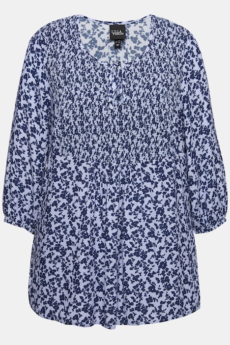 Smokbluse, Blüten, A-Linie, Rundhals, 3/4-Arm