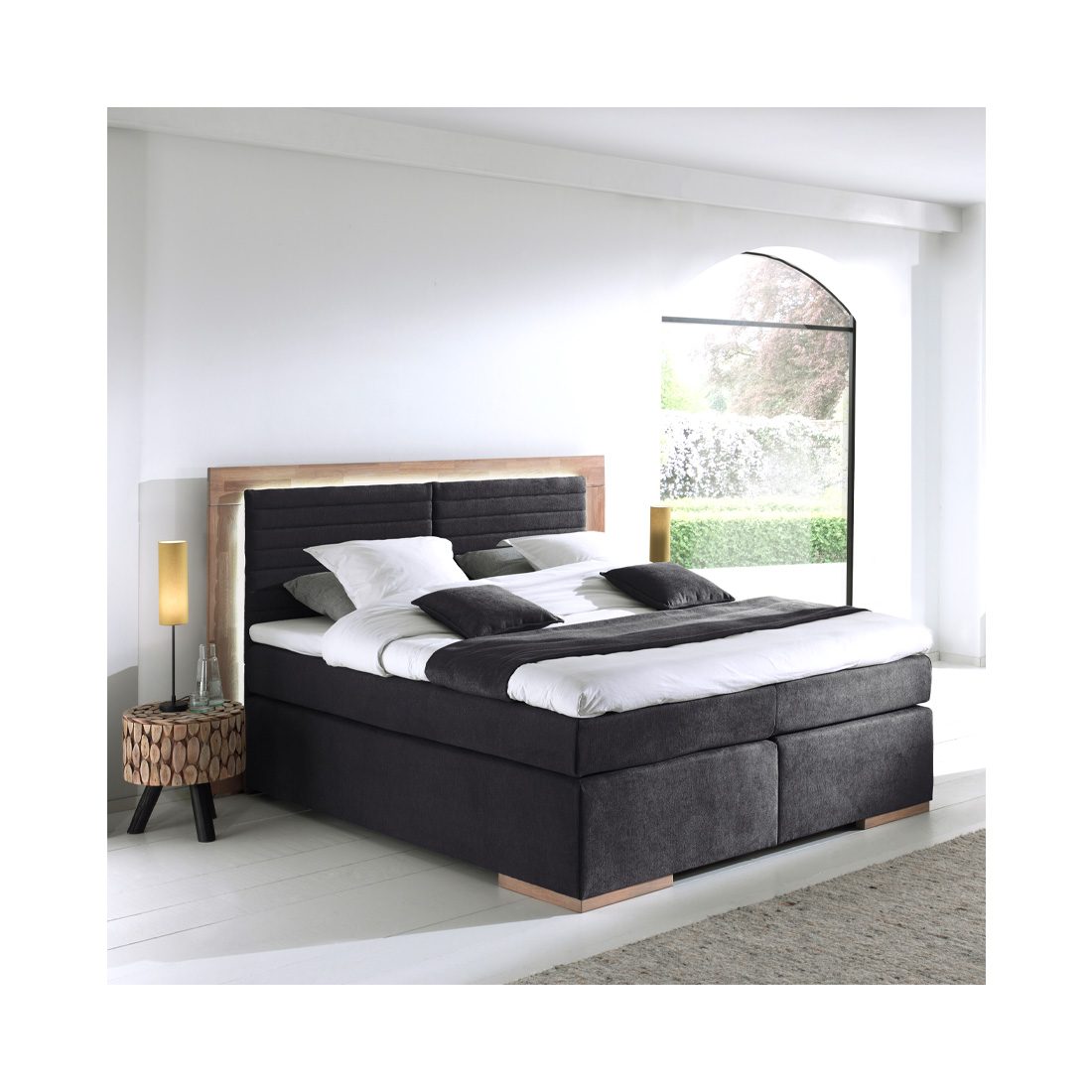 naturoo Boxspringbett Marcel 160x200cm schwarz, LED Beleuchtung