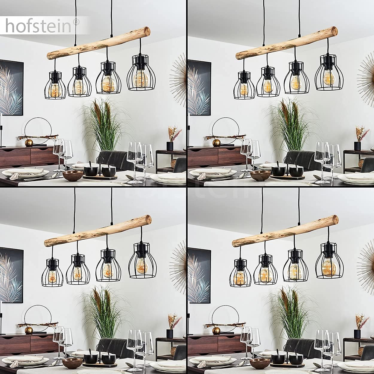HOFSTEIN Pendelleuchte Gondo, Hängelampe aus Metall/Holz in Schwarz/Braun, 4-flammig aus Naturholz und schwarzem Metall, gitterförmige Lampenschirme, Höhe bis max. 138 cm, Küche, Wohnzimmer, Esszimmer