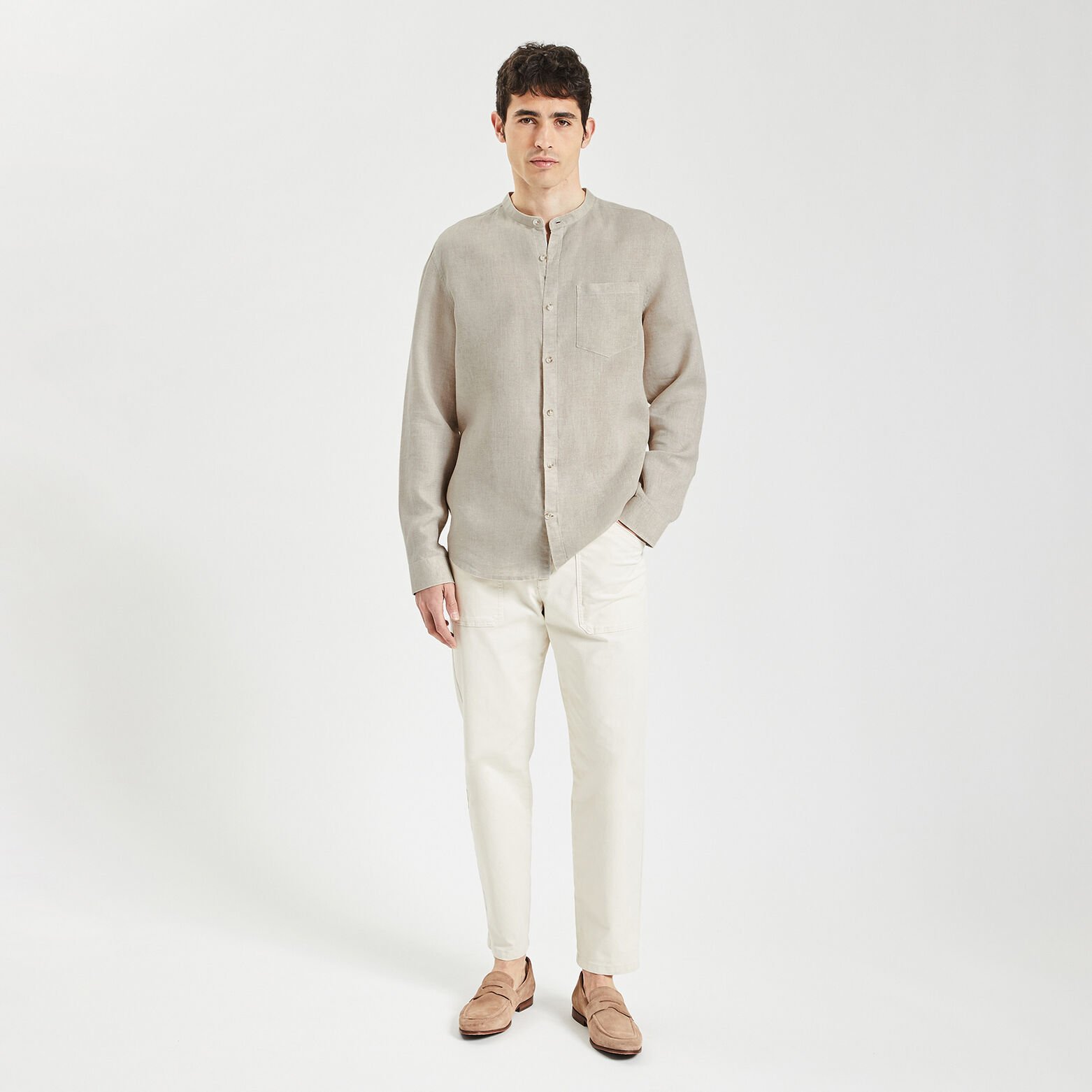 Chemise regular col mao unie lin Beige