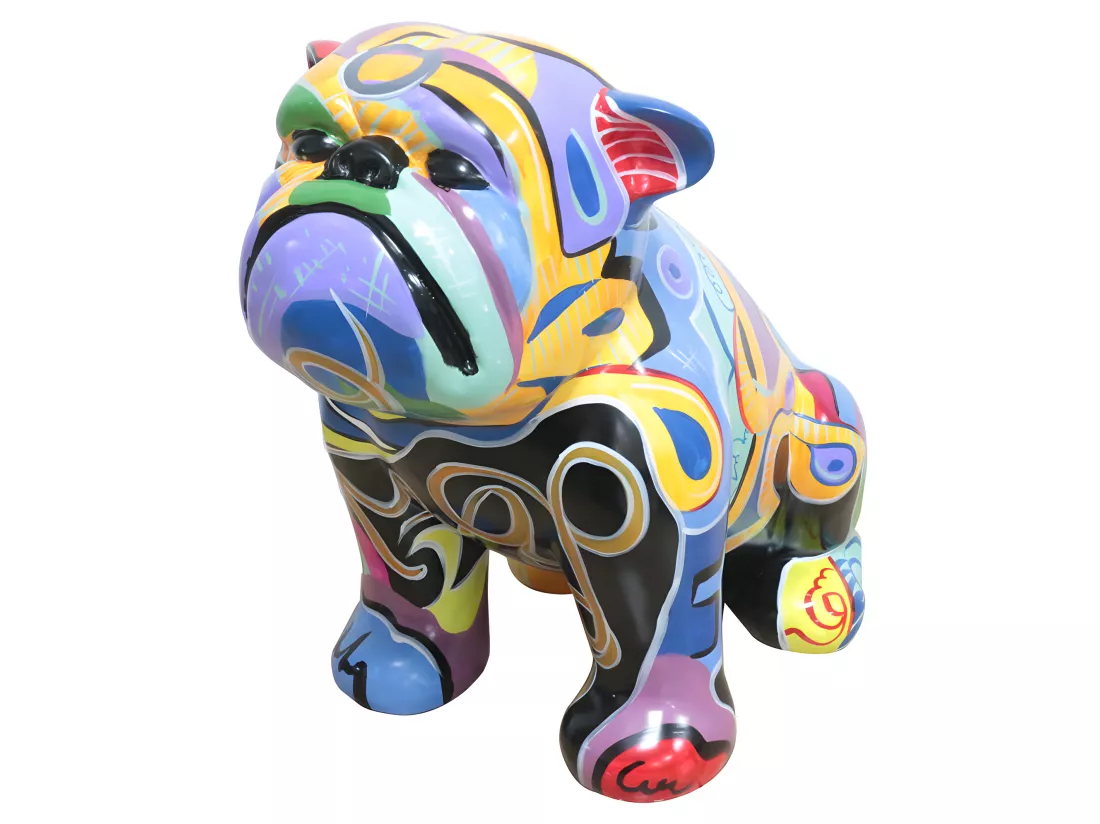 Statue chien bulldog avec tags abstraits multicolores H43 cm - TAZ