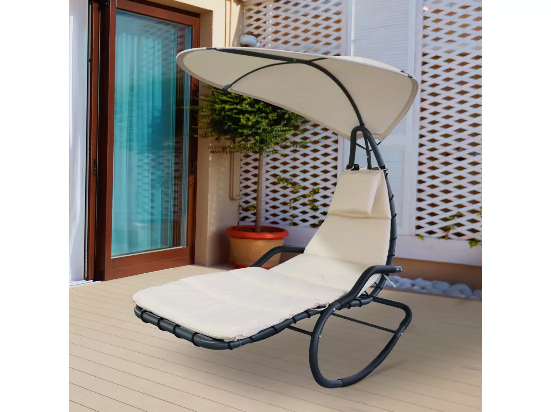 Bain de soleil transat à bascule design contemporain avec pare-soleil et matelas 1,65L x 1,25l x 1,84H m acier époxy noir polyester beige