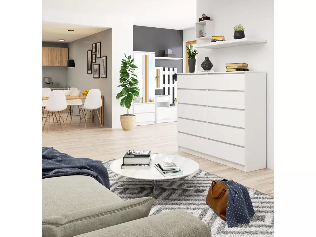 Commode AKORD K140 Blanche 138 cm 10 tiroirs façade Blanche 138x40x121 cm