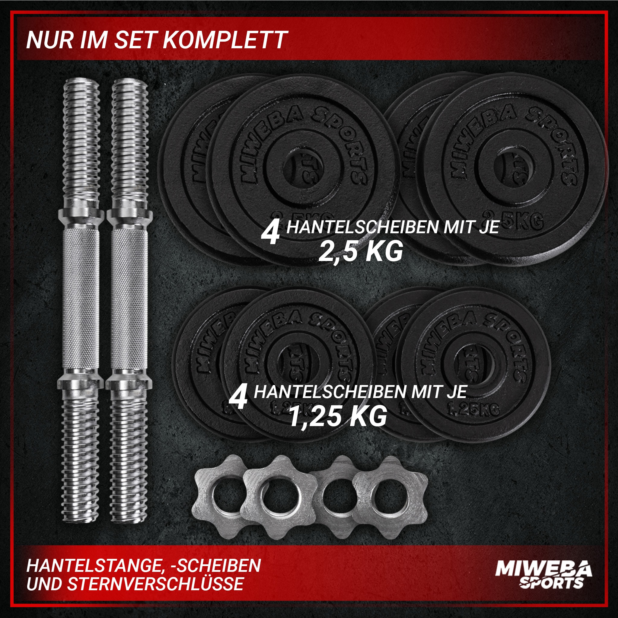 Miweba Sports Kurzhantel MKH110, 10 kg, Gewichte aus Gusseisen, Stahl-Hantelstange, Sternverschluss (Hantelpaar)