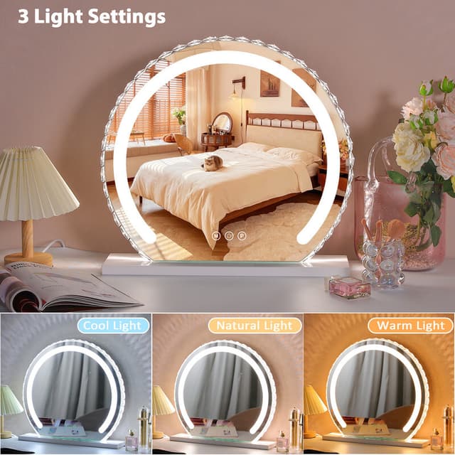 VANITII Rund Hollywood Makeup Spejl Med Indbygget LED-belysning Krystal-inspireret Ramme 50 x 45 cm