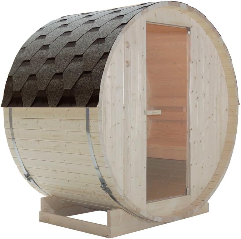 SANOTECHNIK Outdoor Fasssauna TROMSÖ M – 2 Personen Gartensauna aus Fichtenholz, Harvia Saunaofen 3,6 kW, ESG-Glas, Asphaltdach, 189×120×191,5 cm, F50120