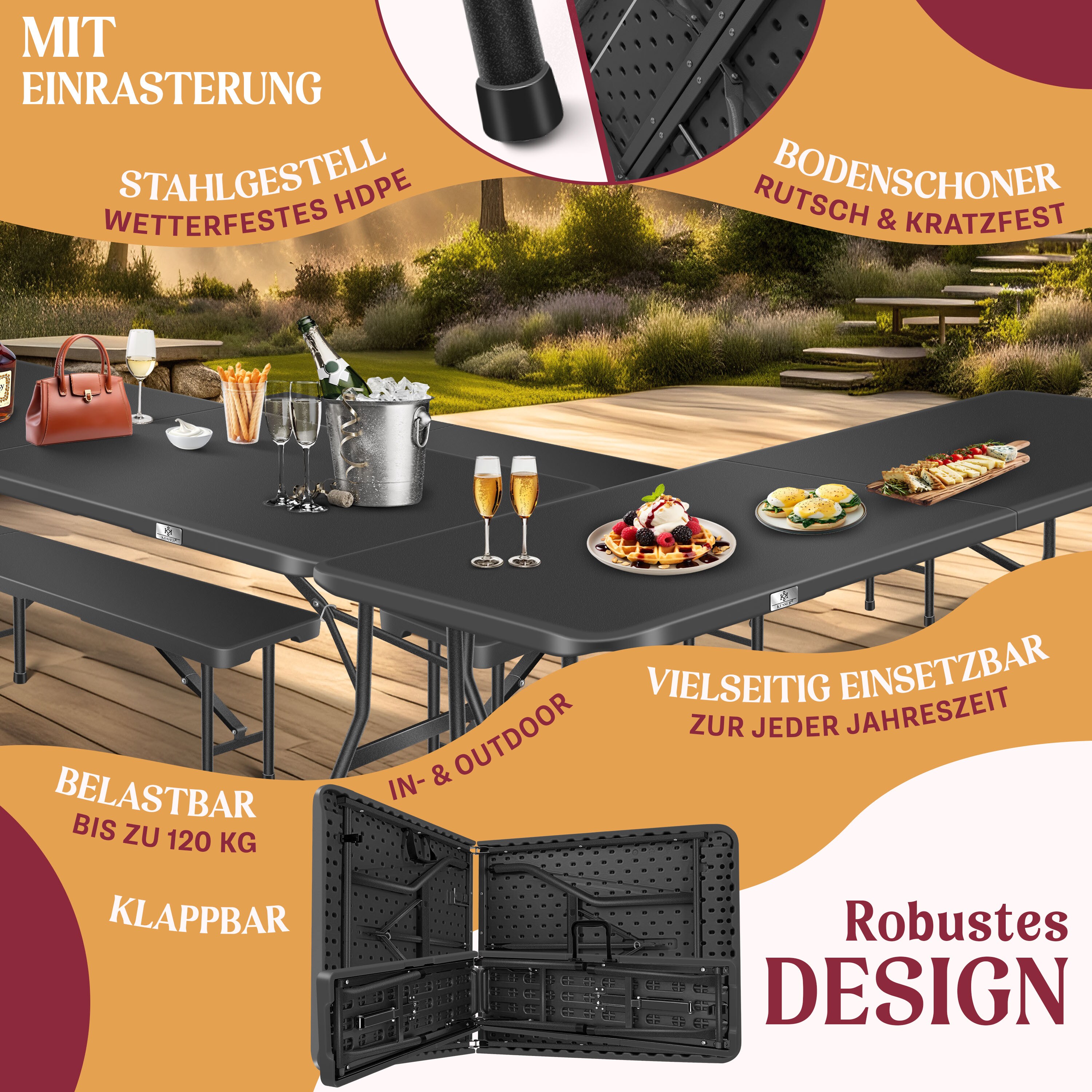 KESSER® Bierzeltgarnitur - 3-teilig Set, Tisch + 2 x Bank, für drinnen - draußen, klappbar, Tragegriffe, HxBxT: 73x180x75 cm , Kunststoff, Rattan-Look Gartengarnitur , Klapptisch , Gartentisch