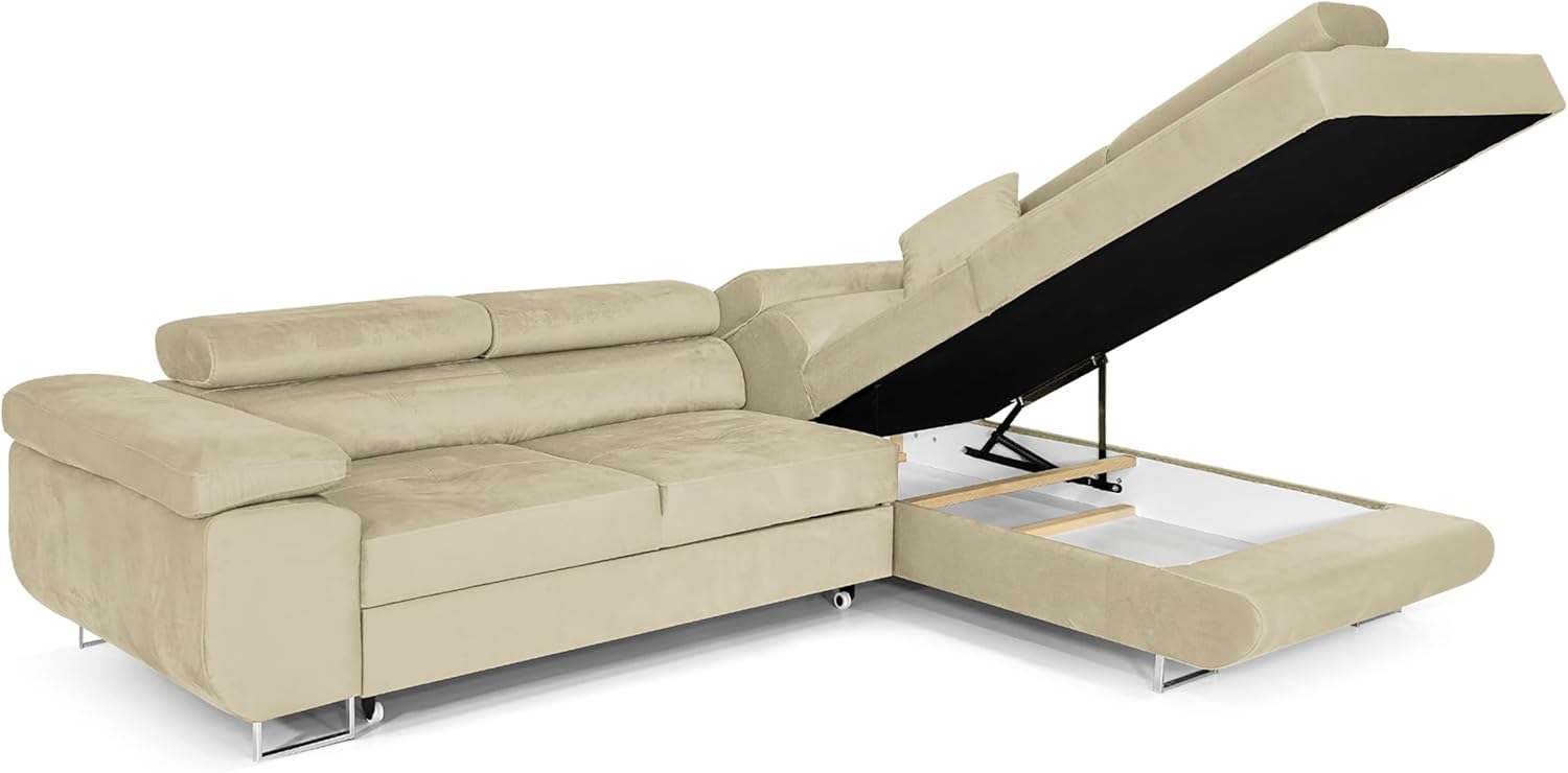 Ecksofa mit Schlaffunktion PASTI L-Form, Sofa Couch mit Bettkasten, 3-Sitzer Eckcouch, Schlafsofa für Wohnzimmer, Big Sofa Couch mit Schlaffunktion (Beige, Ottomane Rechts)