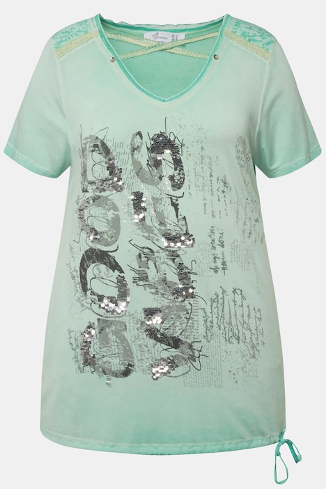 T-Shirt, V-Ausschnitt mit Zierbändern, Halbarm, Saum zum Binden