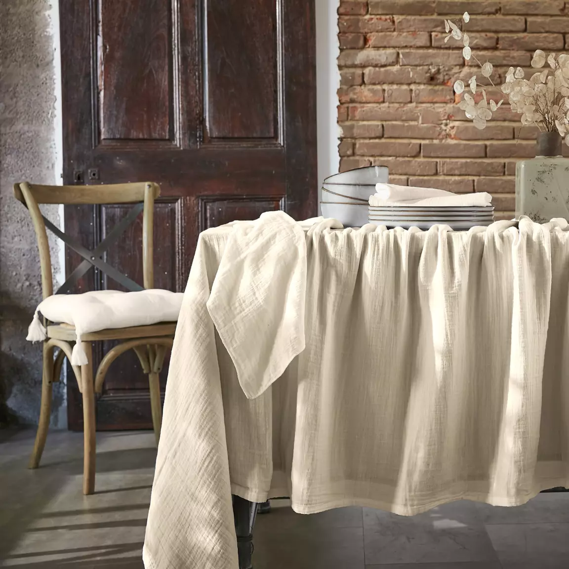 Nappe rectangulaire gaze de coton (150 x 350 cm) Gaïa Beige pampa