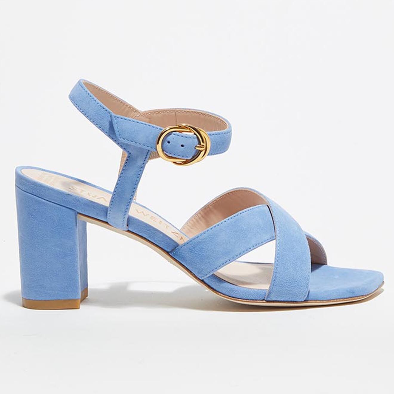 Stuart Weitzman Sandales en Velours de Cuir Analeigh bleu ciel - Talon 7 cm